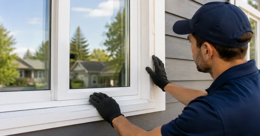 technician comparing full-frame and retrofit window replacement options in Danforth, Toronto