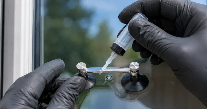 technician performing chipped glass repair on a window in Maple Leaf, Toronto
