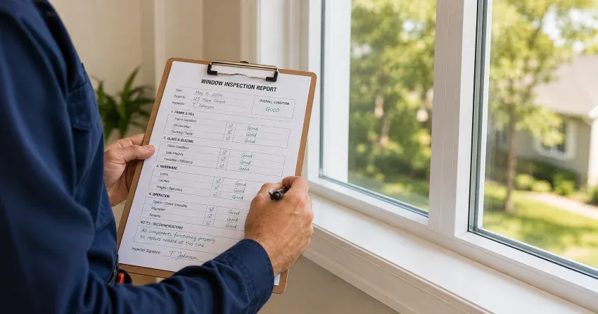 technician inspecting window seal and frame in Danforth, Toronto