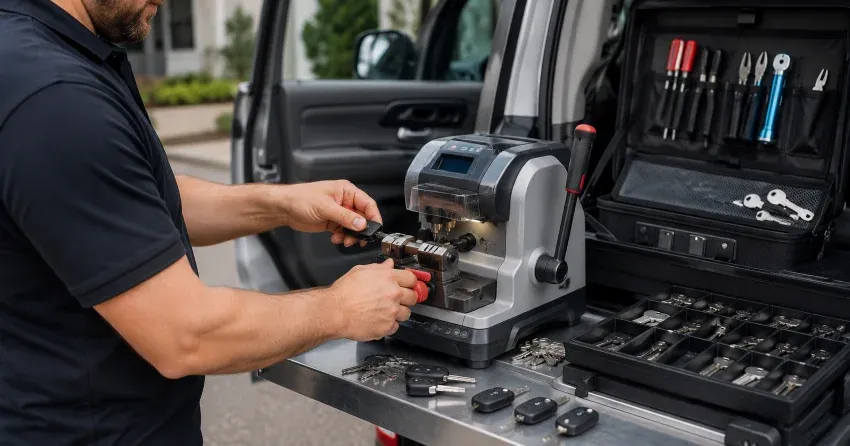 technician cutting a replacement car door lock key in Clairlea-Birchmount, Toronto