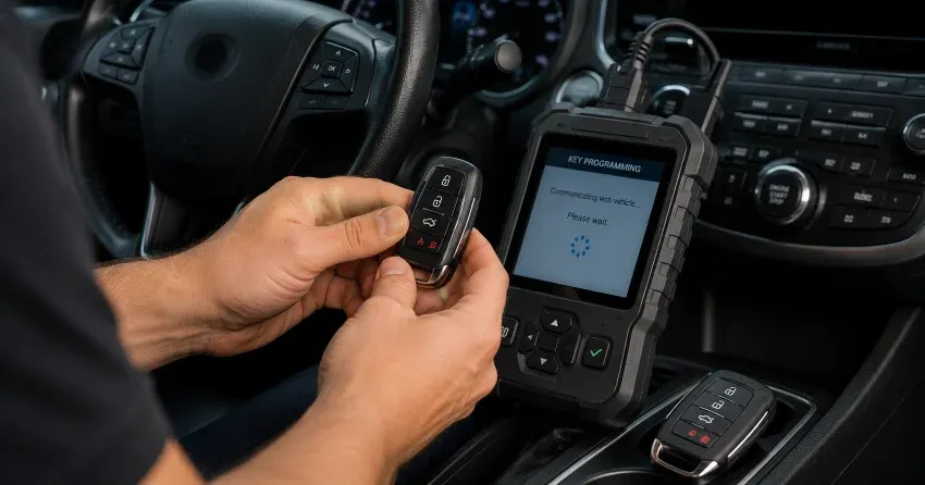 technician inspecting a worn car key before replacement in Danforth, Toronto