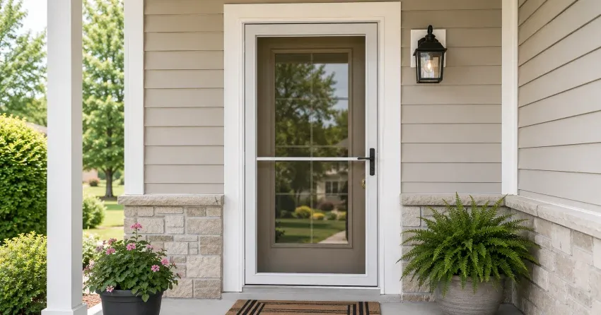 technician hanging storm door square and plumb in East Danforth, Toronto