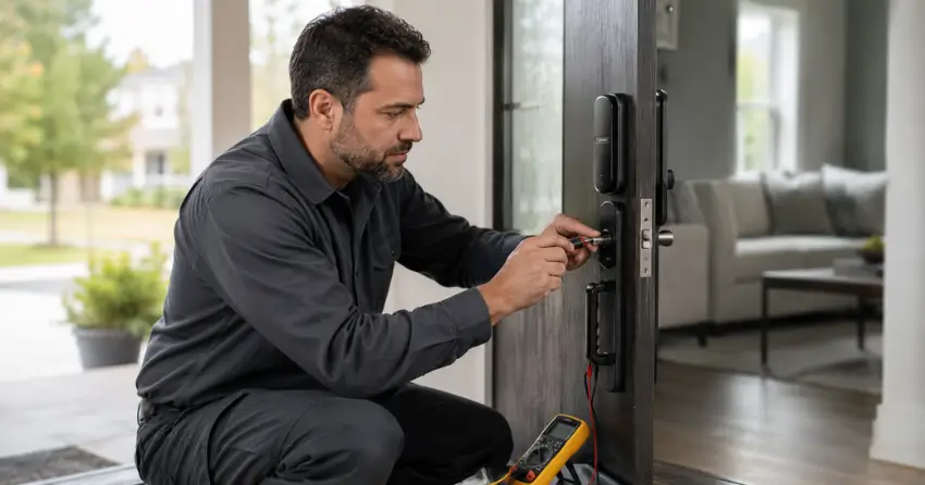 technician diagnosing automatic door lock mechanism on residential door in Entertainment District, Toronto
