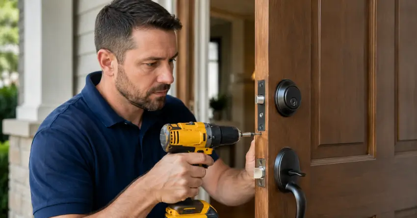 technician installing a new deadbolt during Change Door Lock Bendale, Toronto service