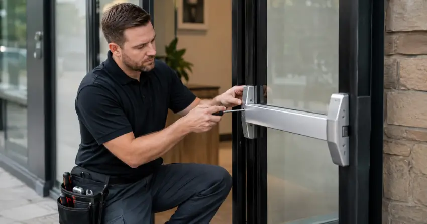 commercial locksmith repairing exit device on storefront door Ellesmere, Toronto