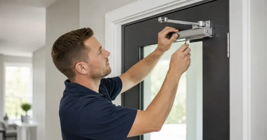 technician adjusting door closer hydraulic valve in Scarborough Village, Toronto home