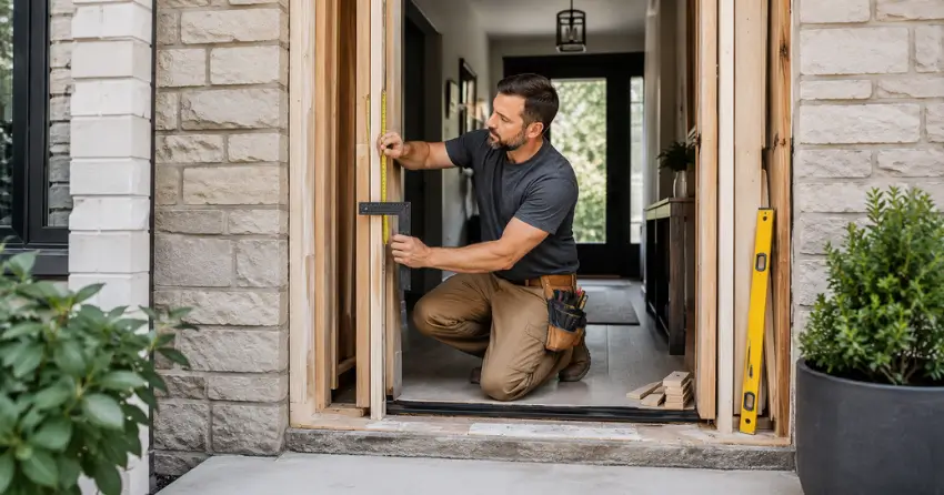 exterior door installer assessing rough opening in Pelmo Park-Humberlea, Toronto