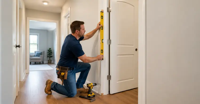 technician installing a pre-hung interior door in a home hallway Bridle Path-Sunnybrook-York Mills, Toronto