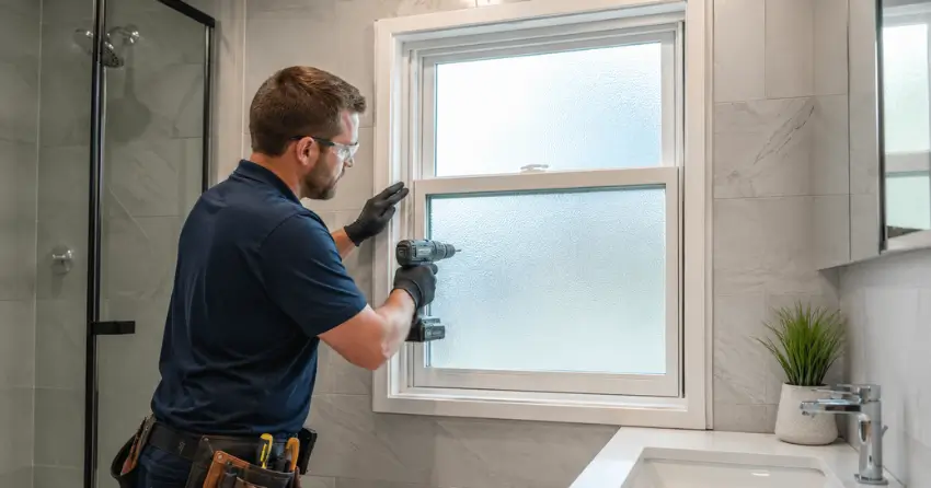 frosted glass installation bathroom window in Seaton Village, Toronto