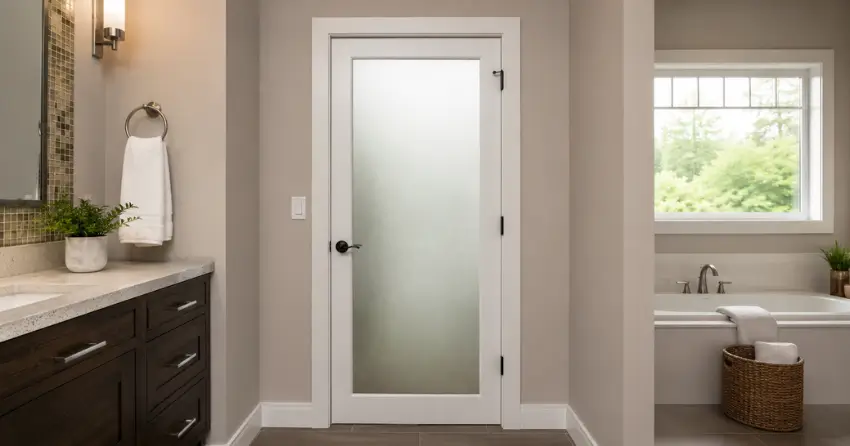 frosted glass panel bathroom door installed in a Toronto home