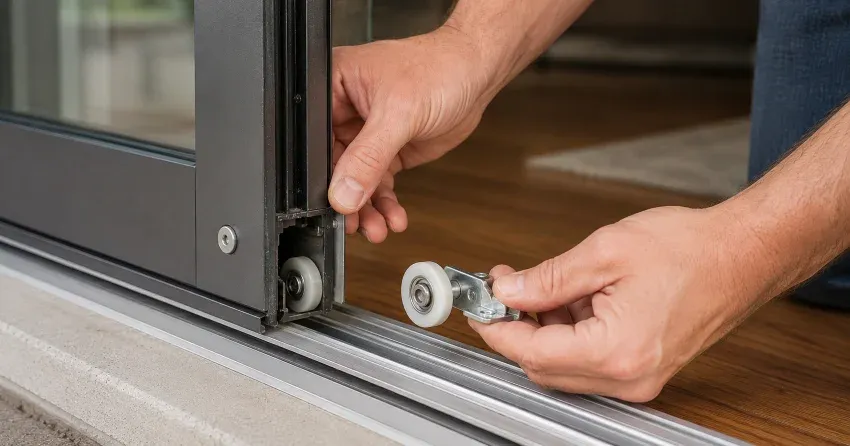sliding door alignment Trinity-Bellwoods, Toronto technician adjusting roller track