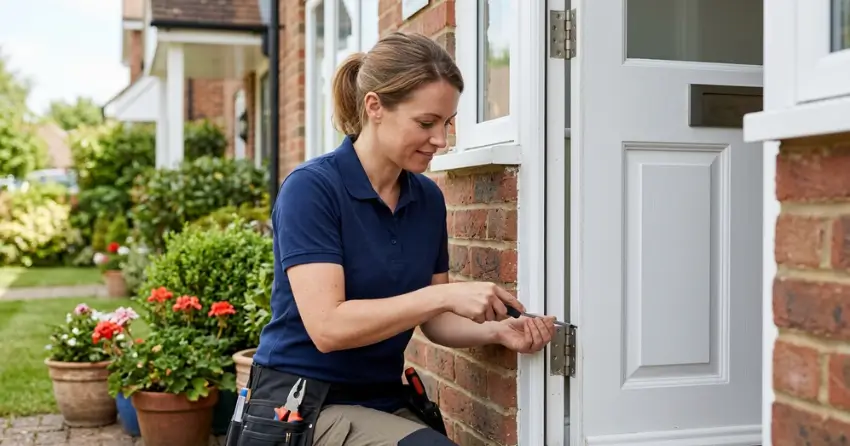 technician repairing exterior door hinge and frame in Carleton Village, Toronto
