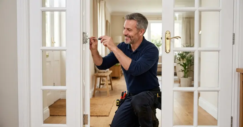 technician adjusting French door hinge for proper alignment in Forest Hill South, Toronto