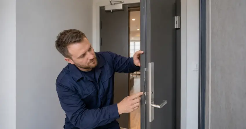 technician inspecting fire-rated door seal and hardware in Corktown, Toronto