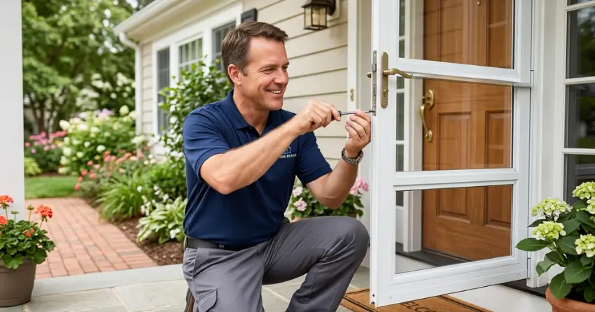 technician adjusting storm door hinge and closer in Eatonville, Toronto